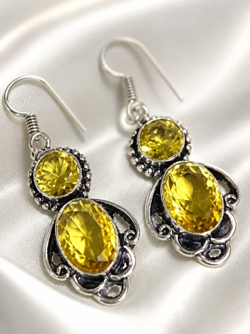 Double Citrine Drop Earrings - Sterling Silver 925 (93)